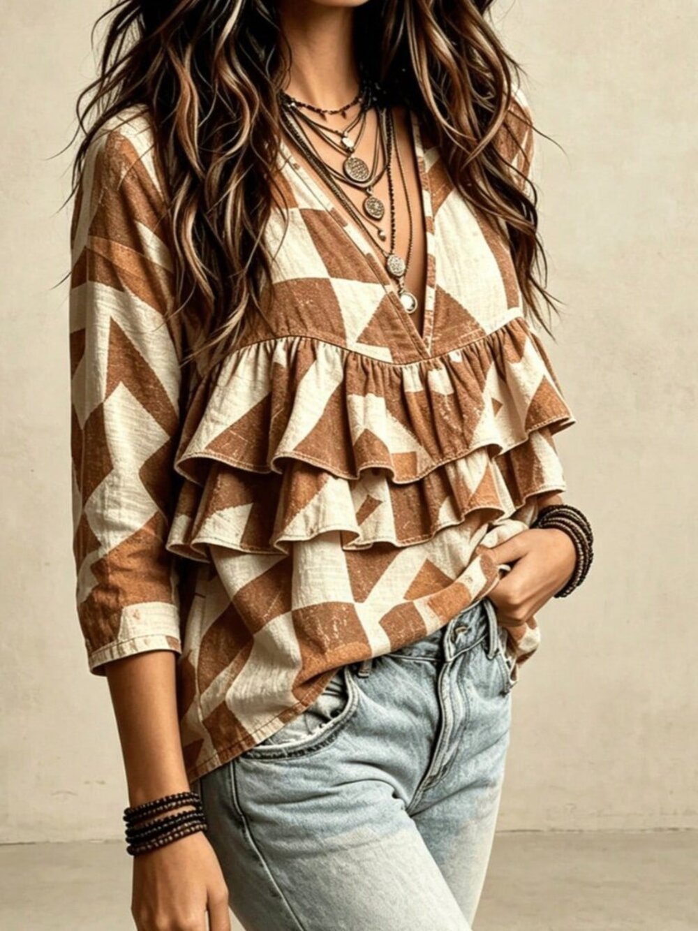 Multicolor Casual Sexy Women's Deep V Neck Ruffle Tiered Top - Picture 3 of 7